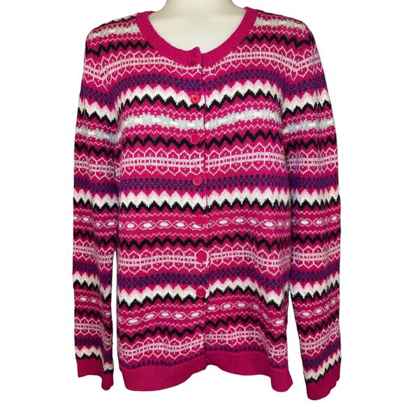 Talbots Women’s Pink Lambswool Fair Isle Knit Sweater Cardigan Size Medium - Picture 1 of 7